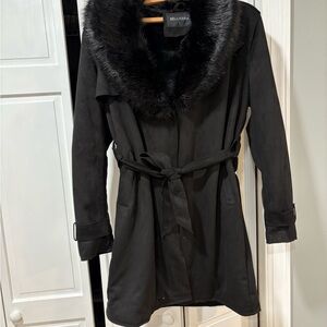 Belvera Women's Black Trench Coat with Removable Fur Collar